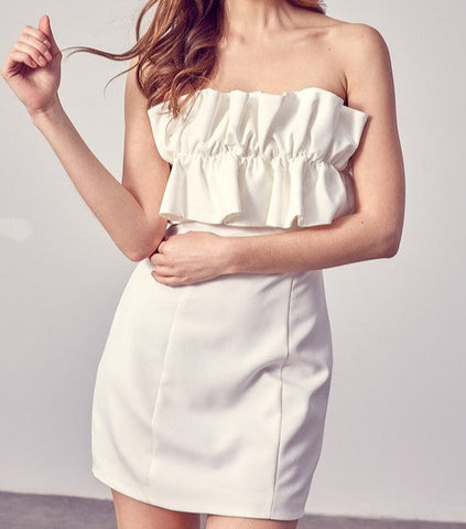 OPEN SHOULDER RUFFLE DETAIL DRESS