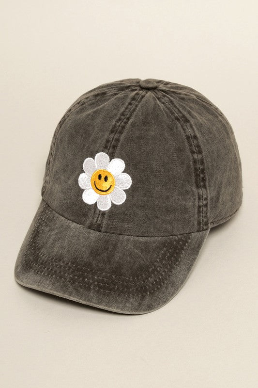 Happy Face Flower Embroidered Baseball Cap