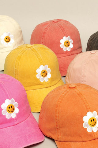 Happy Face Flower Embroidered Baseball Cap