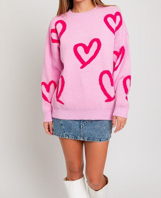 Long Sleeve Round Neck Heart Printed Sweater