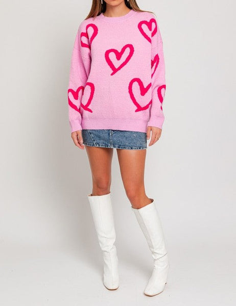 Long Sleeve Round Neck Heart Printed Sweater