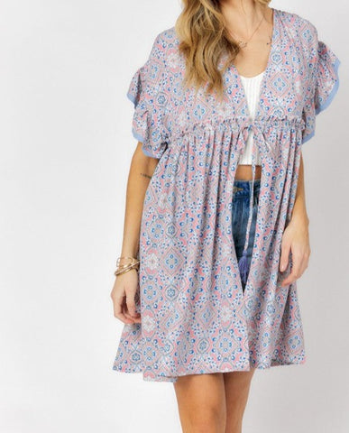 PRINTED SHORT SLEEVE RUFFLE KIMONO