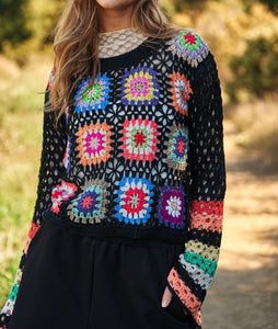 Floral Crochet Striped Sleeve Cropped Knit Sweater